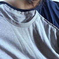 a woman wearing a grey t - shirt and a blue t - shirt